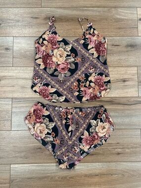 CIRCA 2000 Vintage Y2k Romantic Floral Silk Two-piece Pajama Set | Size Large